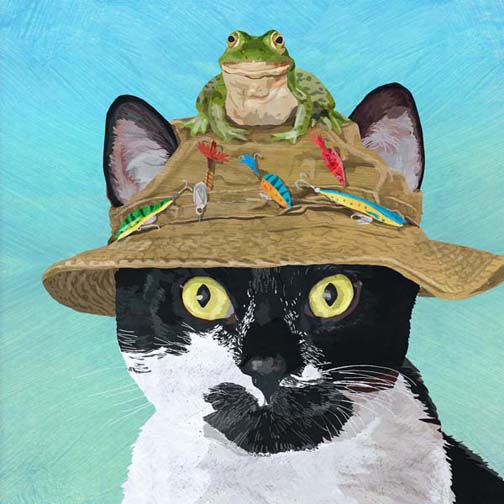 Cat in Fishing Hat with Frog Wall Art on Giclee Canvas or Fine Art