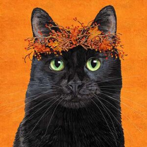 Black Cat on Orange Wall Art Giclee Print on Canvas or Fine Art Paper